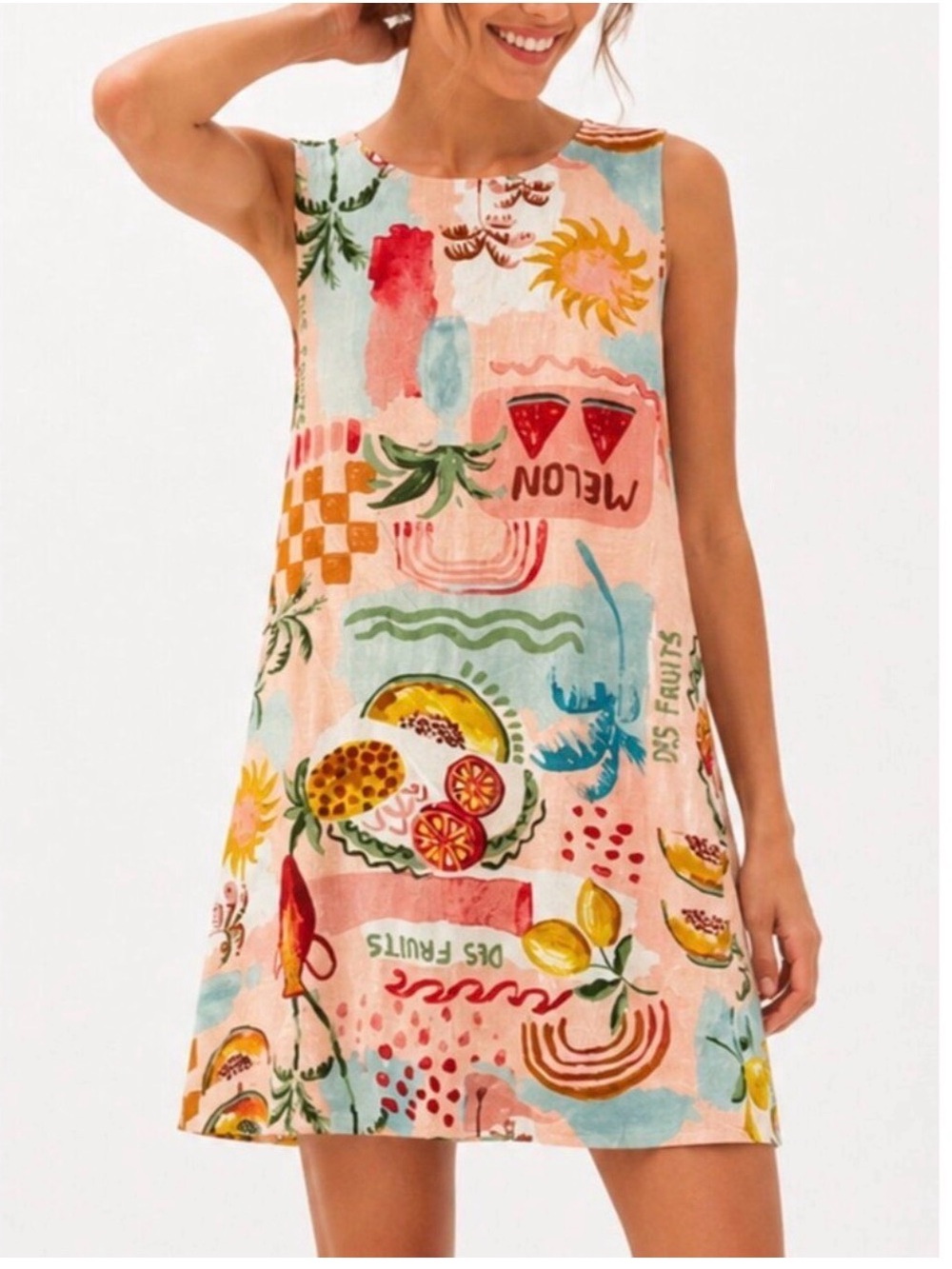 Paper Heart Pink Blue Tropical Fruit Sleeveless Mini Shift Dress Small Linen